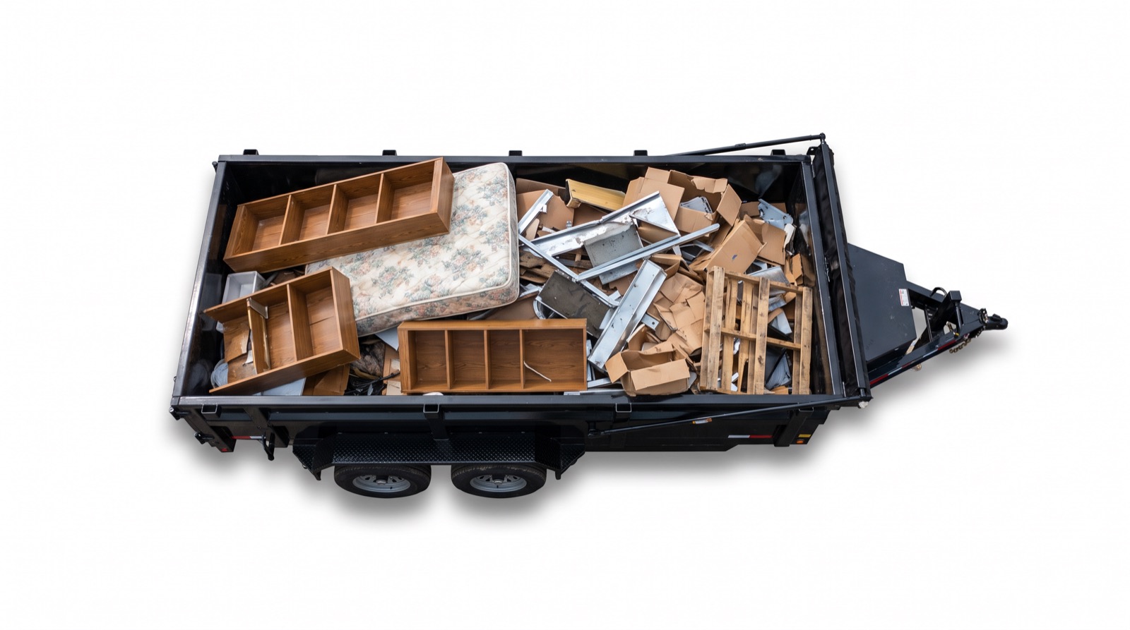 Overhead view of a 16-foot dump trailer loaded with furniture, boxes, pallets and scrap