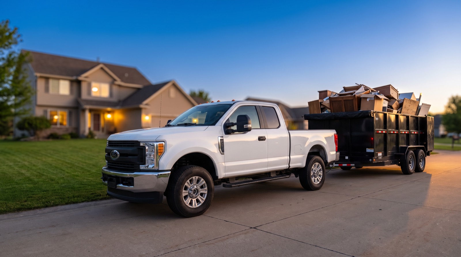 Pickup truck towing a loaded 16-foot dump trailer on a residential driveway